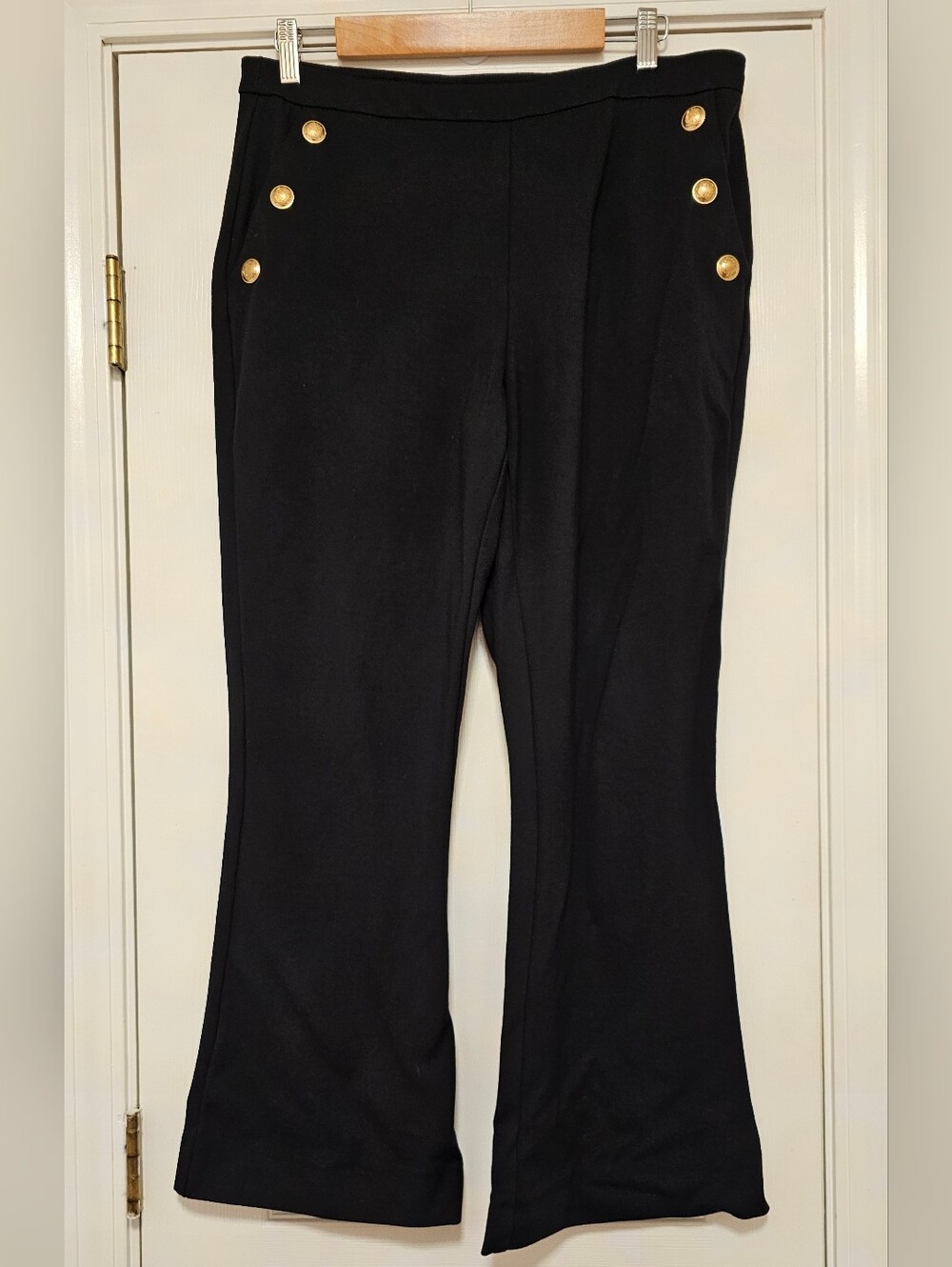 Christian Siriano Black Flare Knit Pants with Gold Buttons